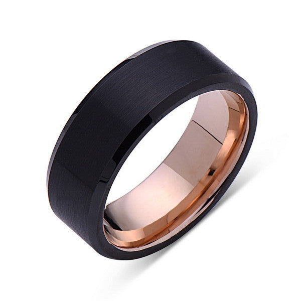 Rose Gold Tungsten Wedding Band - Black Brushed Ring - 8mm Ring - Pipe Cut - Engagement Band - Comfort Fit - LUXURY BANDS LA
