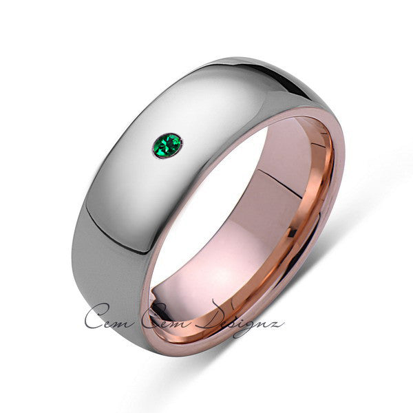 8mm,Mens,Green Emerald,Gray,Rose Gold,Tungsten Ring,Rose Gold,Birthstone,Wedding Band,Comfort Fit - LUXURY BANDS LA