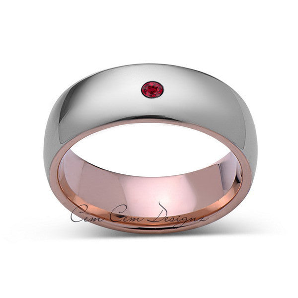 8mm,Mens,Red Ruby,Gray ,Rose Gold,Tungsten Ring,Rose Gold,Birthstone,Wedding Band,Comfort Fit - LUXURY BANDS LA