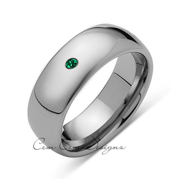 8mm,Mens,Green Emerald,Whte Gold,Tungsten Ring,White Gold,Birthstone,Wedding Band,Comfort Fit - LUXURY BANDS LA