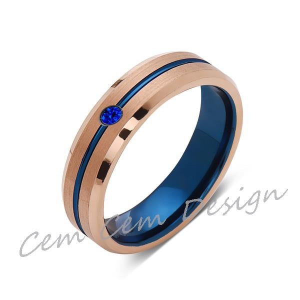 6mm,Blue Sapphire,Brushed Rose Gold,Blue,Tungsten Ring,Mens Wedding Band,Blue Mens Ring - LUXURY BANDS LA