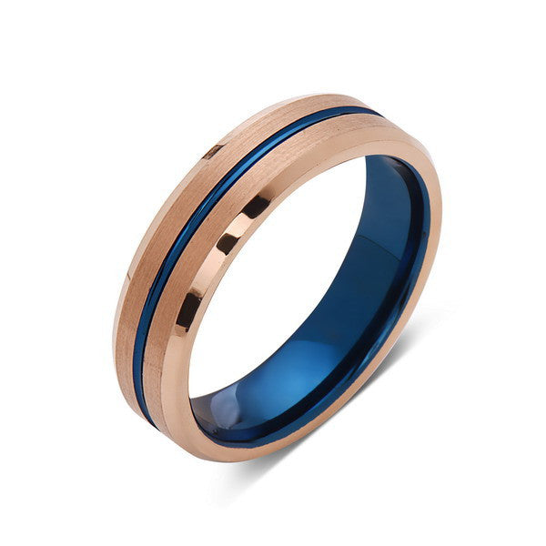Blue Tungsten Wedding Band - Rose Gold Tungsten Ring - 6mm- Matching Bands - Tungsten Carbide - Engagement Band - Comfort Fit - LUXURY BANDS LA