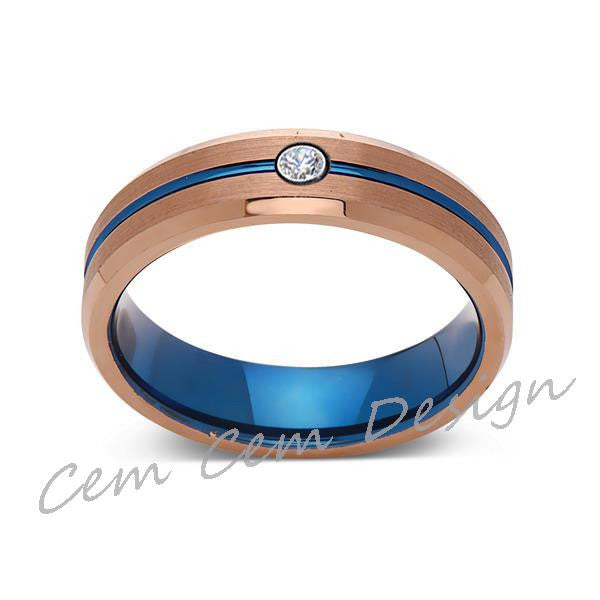 6mm,Diamond,Brushed Rose Gold,Blue,Tungsten Ring,Mens Wedding Band,Blue Mens Ring - LUXURY BANDS LA