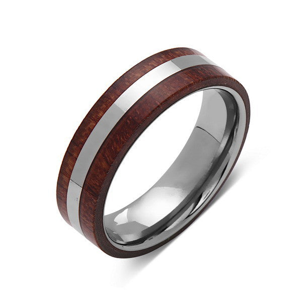 Koa Wood Wedding Ring - Silver Tungsten Band - Hawaiian Koa Wood - 6mm - Mens - Comfort Fit - LUXURY BANDS LA