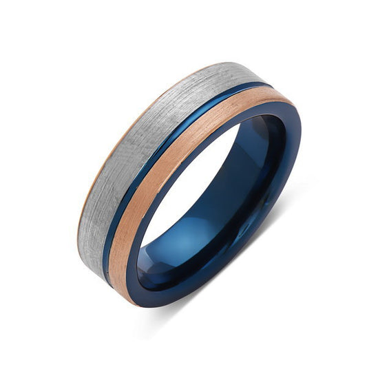 Blue Tungsten Wedding Band - Rose Gold Brushed Tungsten Ring - 6mm - Mens Ring - Tungsten Carbide - Engagement Band - Comfort Fit - LUXURY BANDS LA