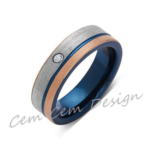 6mm,Diamond,Brushed Rose Gold,Gun Metal Gray and Blue,Tungsten Ring,Mens Wedding Band,Blue Mens Ring - LUXURY BANDS LA