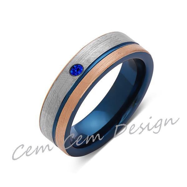 6mm,Blue Sapphire,Brushed Rose Gold,Gun Metal Gray and Blue,Tungsten Ring,Mens Wedding Band,Blue Mens Ring - LUXURY BANDS LA