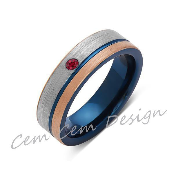 6mm,Red Ruby,Brushed Rose Gold,Gun Metal Gray and Blue,Tungsten Ring,Mens Wedding Band,Blue Mens Ring - LUXURY BANDS LA