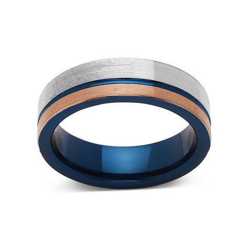 Blue Tungsten Wedding Band - Rose Gold Brushed Tungsten Ring - 6mm - Mens Ring - Tungsten Carbide - Engagement Band - Comfort Fit - LUXURY BANDS LA
