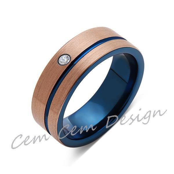8mm,Diamond,Brushed Rose Gold and Blue,Tungsten Ring,Mens Wedding Band,Blue Mens Ring,Comfort Fit - LUXURY BANDS LA