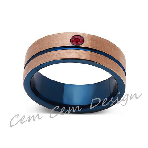 8mm,Red Ruby,Brushed Rose Gold and Blue,Tungsten Ring,Mens Wedding Band,Blue Mens Ring,Comfort Fit - LUXURY BANDS LA