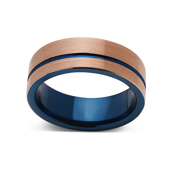 Blue Tungsten Wedding Band - Rose Gold Brushed Tungsten Ring - 8mm - Mens Ring - Tungsten Carbide - Engagement Band - Comfort Fit - LUXURY BANDS LA