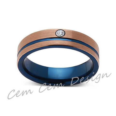 6mm,Diamond,Brushed Rose Gold and Blue,Tungsten Ring,Mens Wedding Band,Blue Mens Ring,Comfort Fit - LUXURY BANDS LA
