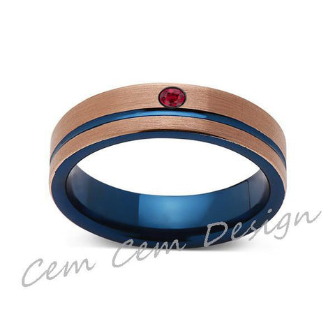 6mm,Red Ruby,Brushed Rose Gold and Blue,Tungsten Ring,Mens Wedding Band,Blue Mens Ring,Comfort Fit - LUXURY BANDS LA