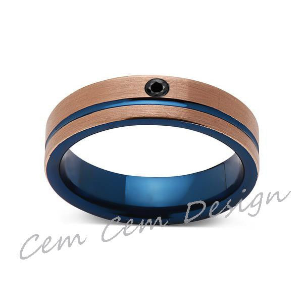 6mm,Black Diamond,Brushed Rose Gold and Blue,Tungsten Ring,Mens Wedding Band,Blue Mens Ring,Comfort Fit - LUXURY BANDS LA