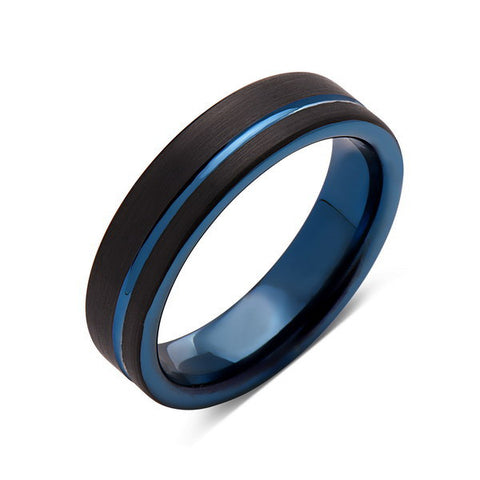 Blue Tungsten Wedding Band - Black Brushed Tungsten Ring - 6mm - Mens Ring - Tungsten Carbide - Engagement Band - Comfort Fit - LUXURY BANDS LA