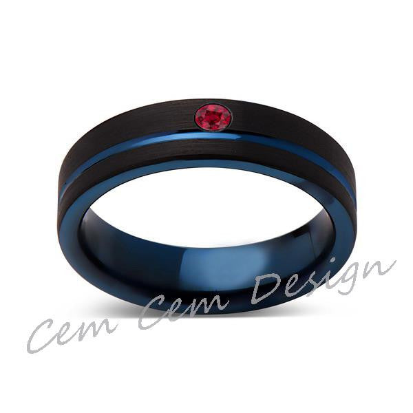 6mm,New,Red Ruby,Black Brushed, Blue Groove,Tungsten Ring,Mens Wedding Band,Blue Ring,Comfort Fit - LUXURY BANDS LA