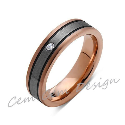 6mm,Diamond,New,Unique,Rose Brushed,Rose Gold, Black Grooves,Tungsten Ring,Mens Wedding Band,Comfort Fit - LUXURY BANDS LA