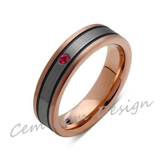 6mm,Red Ruby,New,Unique,Rose Brushed,Rose Gold, Black Grooves,Tungsten Ring,Mens Wedding Band,Comfort Fit - LUXURY BANDS LA