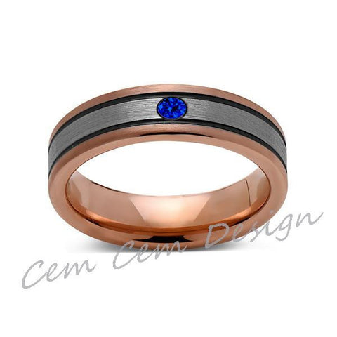 6mm,Blue Sapphire,New,Unique,Rose Brushed,Rose Gold, Black Grooves,Tungsten Ring,Mens Wedding Band,Comfort Fit - LUXURY BANDS LA