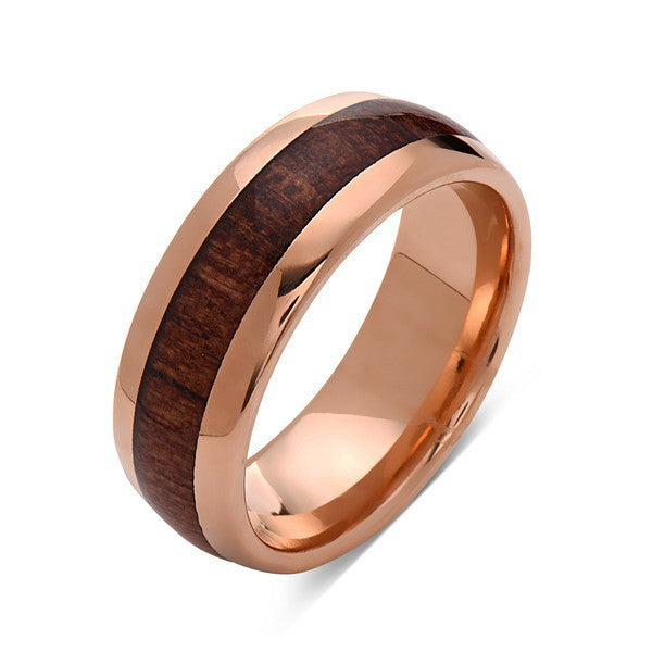 Koa Wood Wedding Ring - Rose Gold Tungsten Band - Hawaiian Koa Wood - 8mm - Mens - Comfort Fit - LUXURY BANDS LA