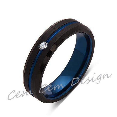 6mm,New,Diamond,Black Brushed, Blue Groove,Tungsten Ring,Mens Wedding Band,Blue Ring,Comfort Fit - LUXURY BANDS LA