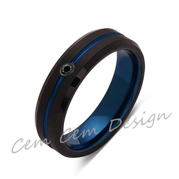 6mm,New,Black Diamond,Black Brushed, Blue Groove,Tungsten Ring,Mens Wedding Band,Blue Ring,Comfort Fit - LUXURY BANDS LA