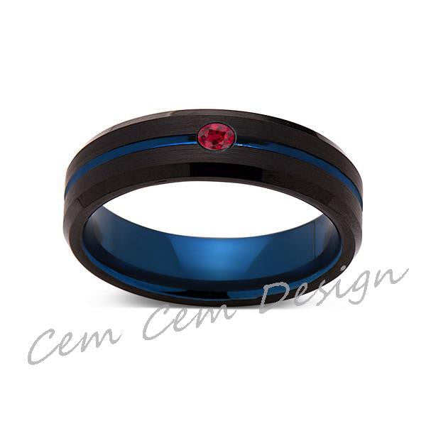 6mm,New,Red Ruby,Black Brushed, Blue Groove,Tungsten Ring,Mens Wedding Band,Blue Ring,Comfort Fit - LUXURY BANDS LA