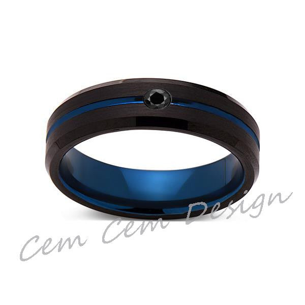 6mm,New,Black Diamond,Black Brushed, Blue Groove,Tungsten Ring,Mens Wedding Band,Blue Ring,Comfort Fit - LUXURY BANDS LA