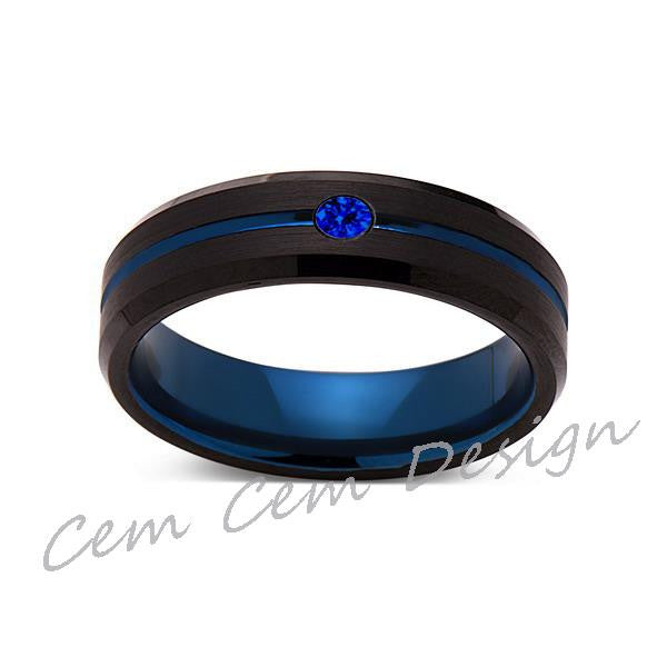 6mm,New,Blue Sapphire,Black Brushed, Blue Groove,Tungsten Ring,Mens Wedding Band,Blue Ring,Comfort Fit - LUXURY BANDS LA