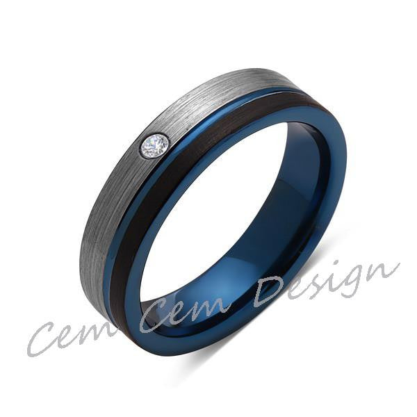 6mm,Diamond,Brushed Gun Metal,Gray and Black,Blue Tungsten Ring,Mens Wedding Band,Comfort Fit - LUXURY BANDS LA