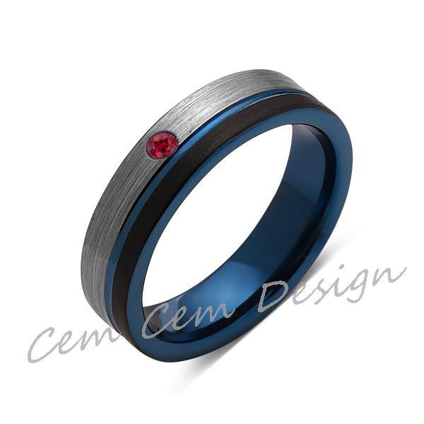 6mm,Red Ruby,Brushed Gun Metal,Gray and Black,Blue Tungsten Ring,Mens Wedding Band,Comfort Fit - LUXURY BANDS LA