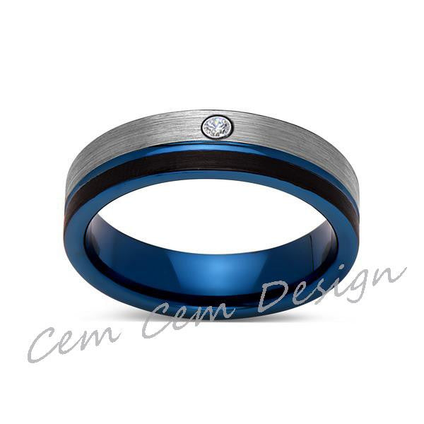 6mm,Diamond,Brushed Gun Metal,Gray and Black,Blue Tungsten Ring,Mens Wedding Band,Comfort Fit - LUXURY BANDS LA