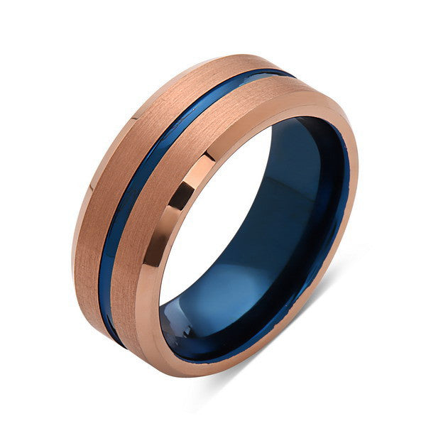 Blue Tungsten Wedding Band - Rose Gold Tungsten Ring - 8mm- Mens Ring - Tungsten Carbide - Engagement Band - Comfort Fit - LUXURY BANDS LA