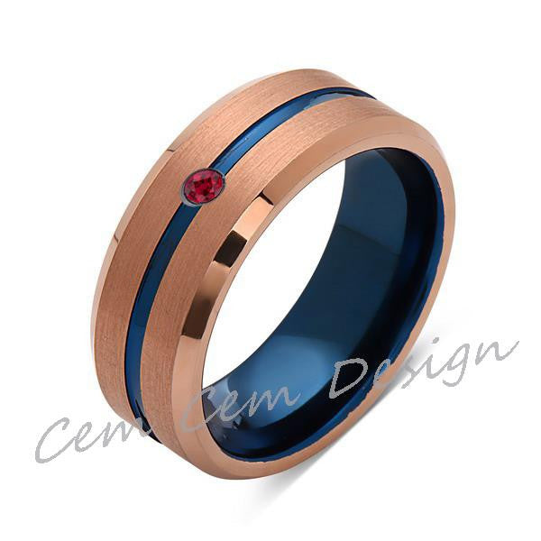 8mm,Red Ruby,Brushed Rose Gold,Blue,Tungsten Ring,Mens Wedding Band,Blue Mens Ring - LUXURY BANDS LA