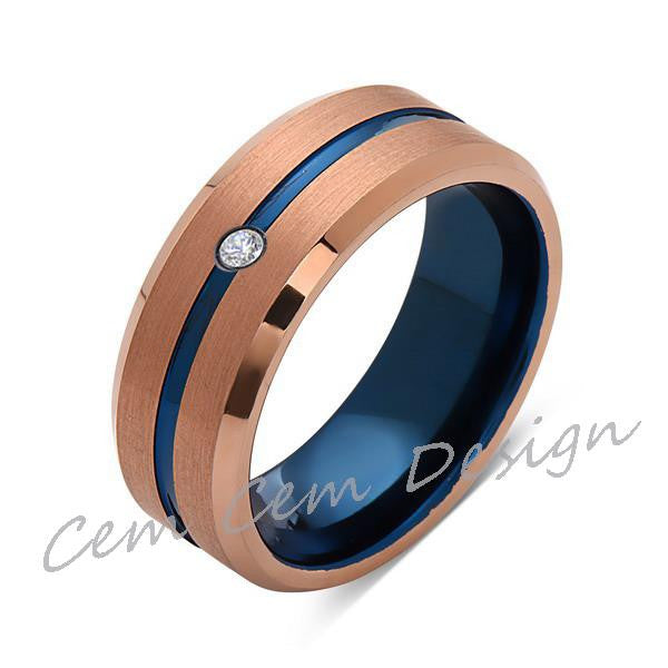 8mm,Diamond,Brushed Rose Gold,Blue,Tungsten Ring,Mens Wedding Band,Blue Mens Ring - LUXURY BANDS LA