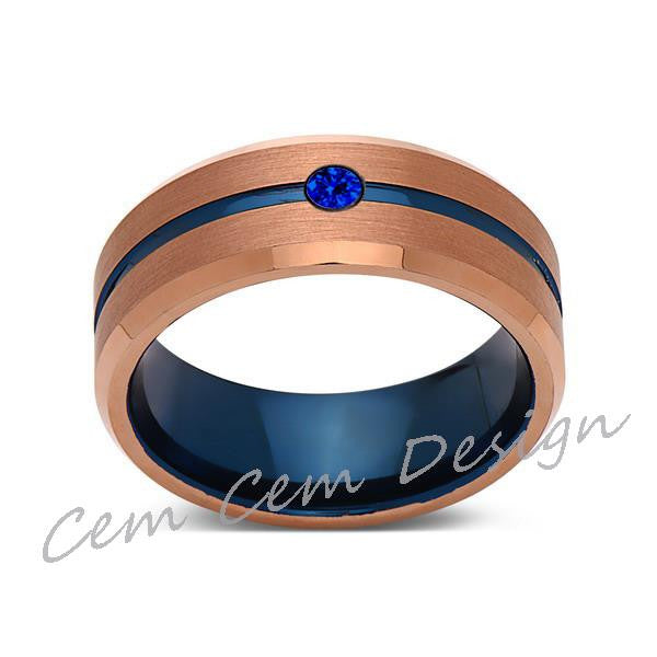 8mm,Blue Sapphire,Brushed Rose Gold,Blue,Tungsten Ring,Mens Wedding Band,Blue Mens Ring - LUXURY BANDS LA