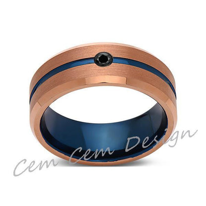 8mm,Black Diamond,Brushed Rose Gold,Blue,Tungsten Ring,Mens Wedding Band,Blue Mens Ring - LUXURY BANDS LA