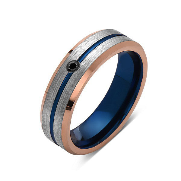 6mm,Black Diamond,Brushed Rose Gold,Gray and Blue,Tungsten Ring,Matching ,Mens Wedding Band,Blue Ring,Comfort Fit - LUXURY BANDS LA
