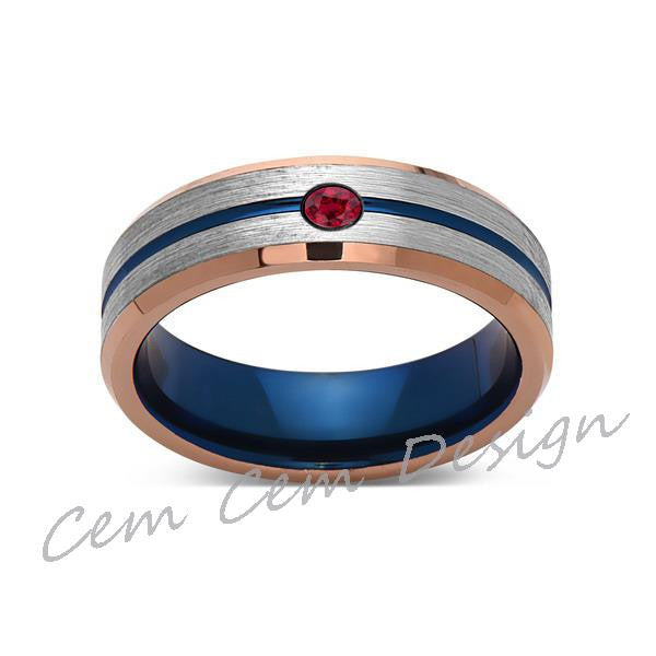 6mm,Red Ruby,Brushed Rose Gold,Gray and Blue,Tungsten Ring,Matching ,Mens Wedding Band,Blue Ring,Comfort Fit - LUXURY BANDS LA