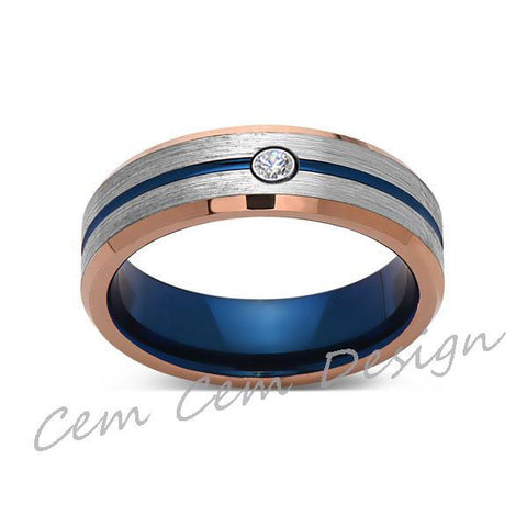 6mm,Diamond,Brushed Rose Gold,Gray and Blue,Tungsten Ring,Matching ,Mens Wedding Band,Blue Ring,Comfort Fit - LUXURY BANDS LA