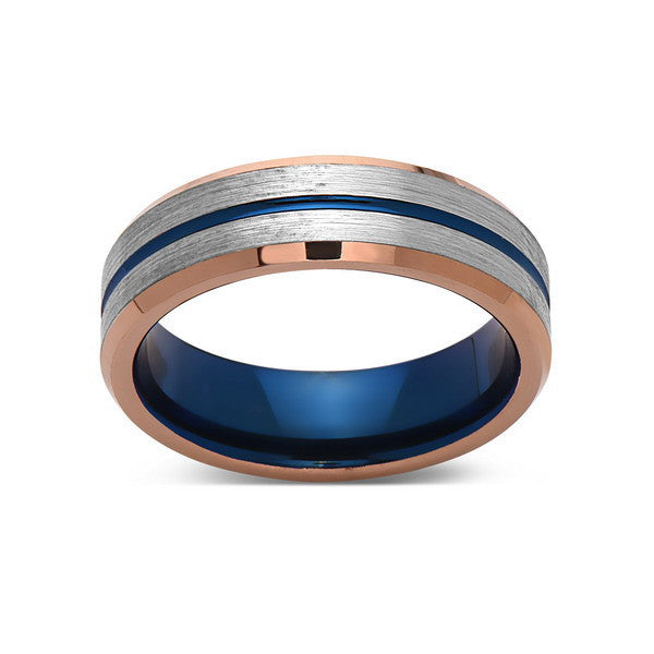 Blue Tungsten Wedding Band - Rose Gold Brushed Tungsten Ring - 6mm - Mens Ring - Tungsten Carbide - Engagement Band - Comfort Fit - LUXURY BANDS LA