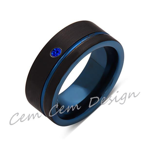 8mm,New,Blue Sapphire,Black Brushed, Blue Groove,Tungsten Ring,Mens Wedding Band,Blue Ring,Comfort Fit - LUXURY BANDS LA