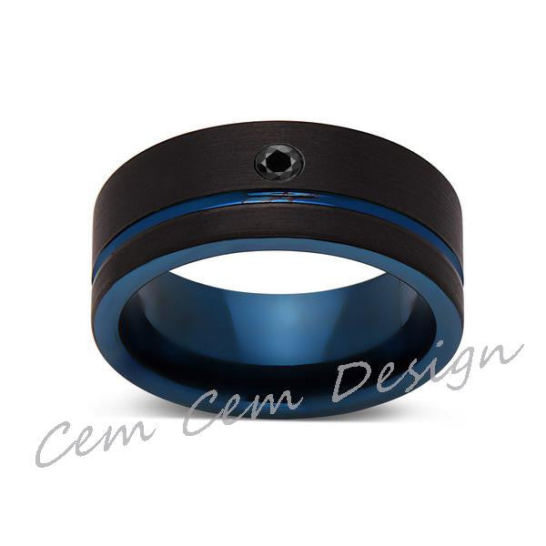 8mm,New,Black Diamond,Black Brushed, Blue Groove,Tungsten Ring,Mens Wedding Band,Blue Ring,Comfort Fit - LUXURY BANDS LA