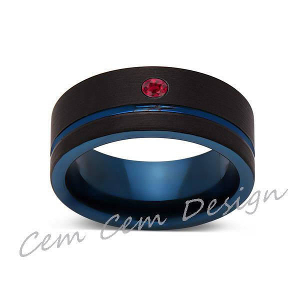 8mm,New,Red Ruby,Black Brushed, Blue Groove,Tungsten Ring,Mens Wedding Band,Blue Ring,Comfort Fit - LUXURY BANDS LA