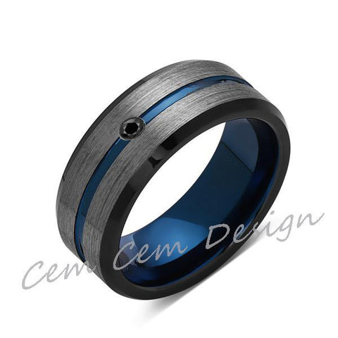 8mm,Black Diamond,Brushed Gun Metal,Gray and Black,Blue Tungsten Ring,Mens Wedding Band,Comfort Fit - LUXURY BANDS LA