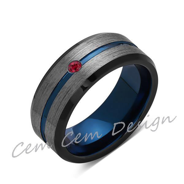 8mm,Red Ruby,Brushed Gun Metal,Gray and Black,Blue Tungsten Ring,Mens Wedding Band,Comfort Fit - LUXURY BANDS LA
