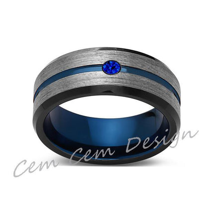 8mm,Blue Sapphire,Brushed Gun Metal,Gray and Black,Blue Tungsten Ring,Mens Wedding Band,Comfort Fit - LUXURY BANDS LA