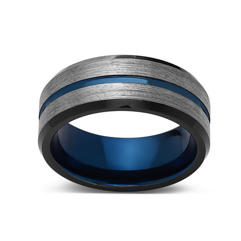 Blue Tungsten Wedding Band - Gray Brushed Tungsten Ring - 8mm - Mens Ring - Tungsten Carbide - Engagement Band - Comfort Fit - LUXURY BANDS LA