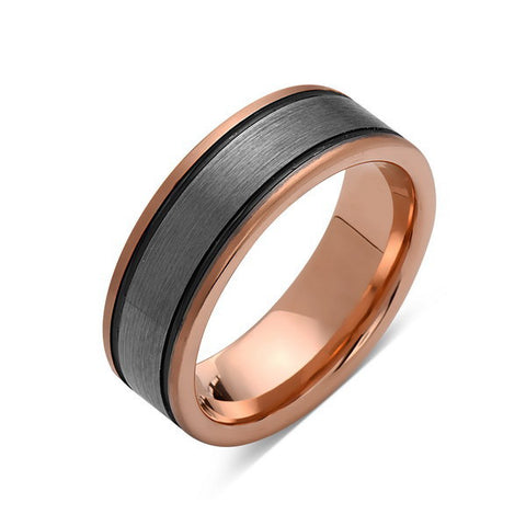 Rose Gold Tungsten Wedding Band - Gray Brushed Ring - Pipe Cut - 8mm Ring - Unique Engagement Band - Comfort Fit - LUXURY BANDS LA